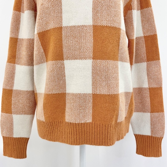New Callahan Gingham Plaid Knit Mock Neck Sweater Orange Ivory Size Medium - Picture 5 of 13